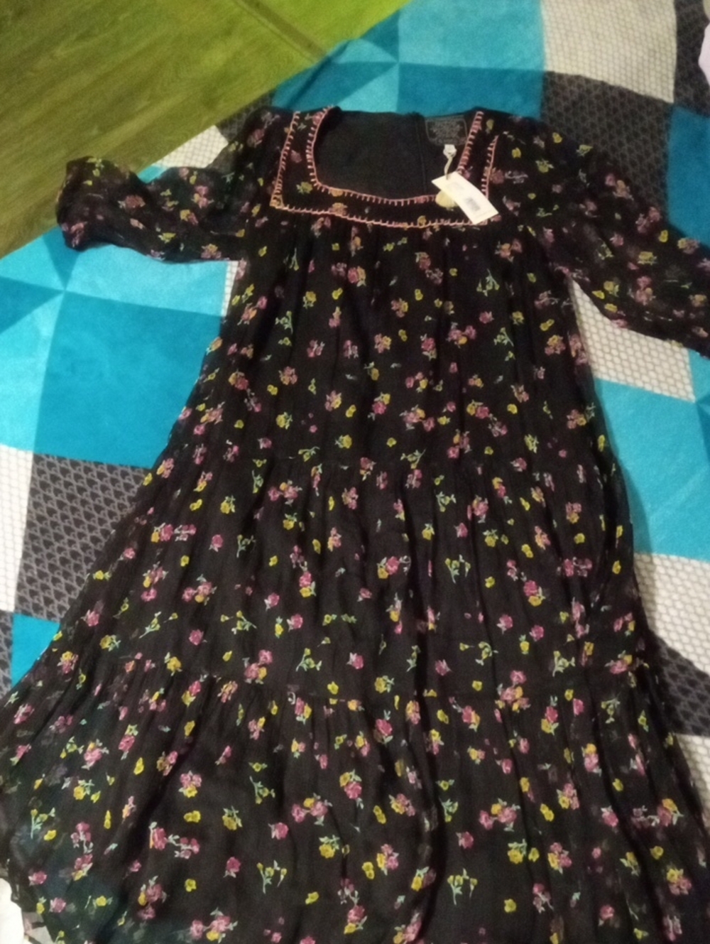 Johnny Was Black Floral Tiered Dress with Pink and Green Embroidery